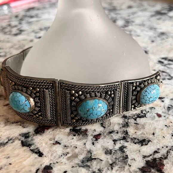 Antique Silver 925 and Blue Stone Cannetille Panel Bracelet c.1830s Cuff - Picture 12 of 14